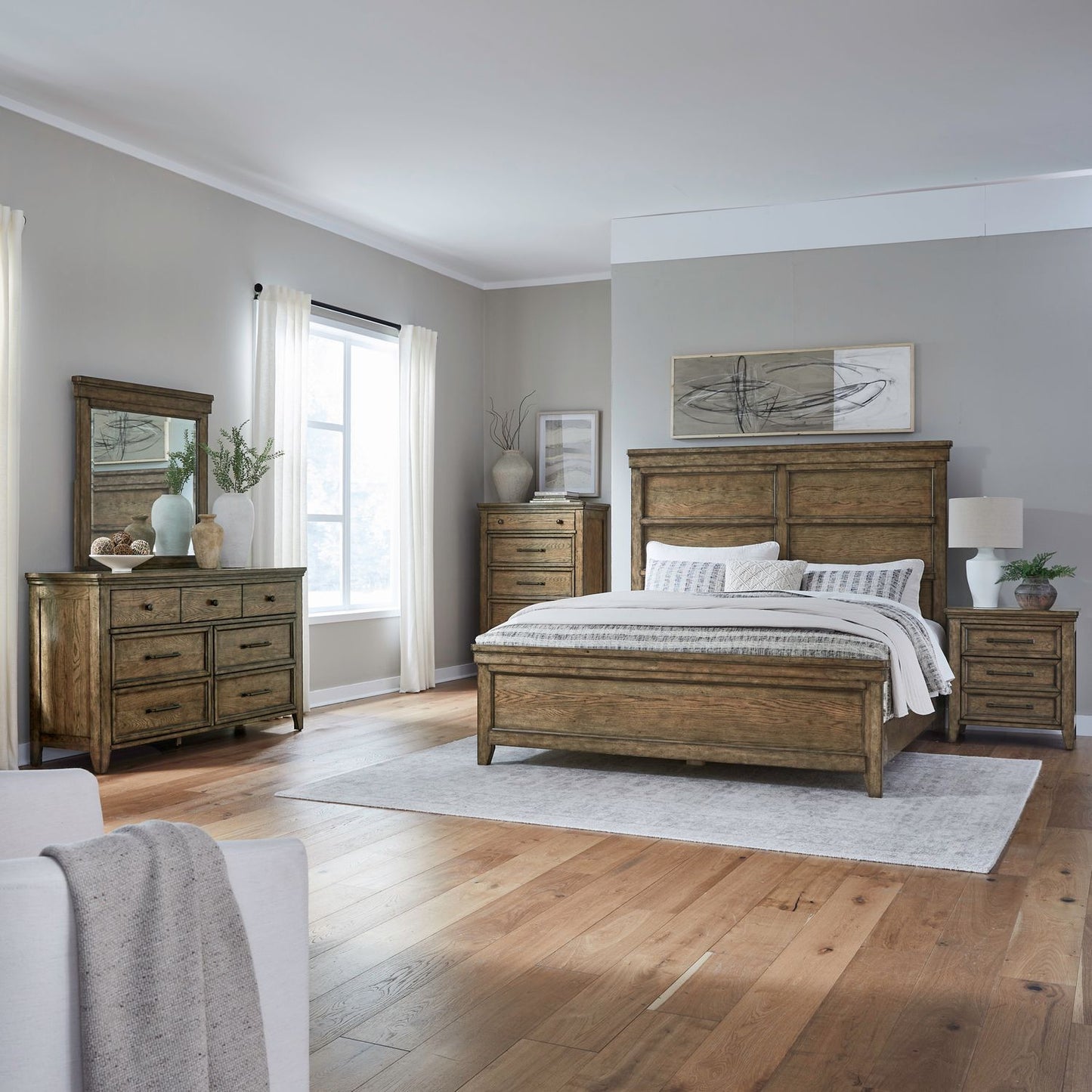 King Panel Bed, Dresser & Mirror, Chest, Night Stand