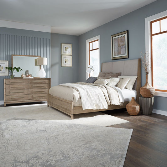 King California Uph Bed, Dresser & Mirror