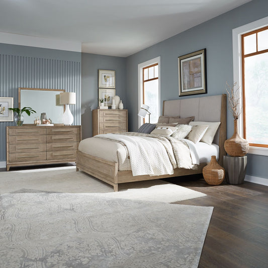 King California Uph Bed, Dresser & Mirror, Chest
