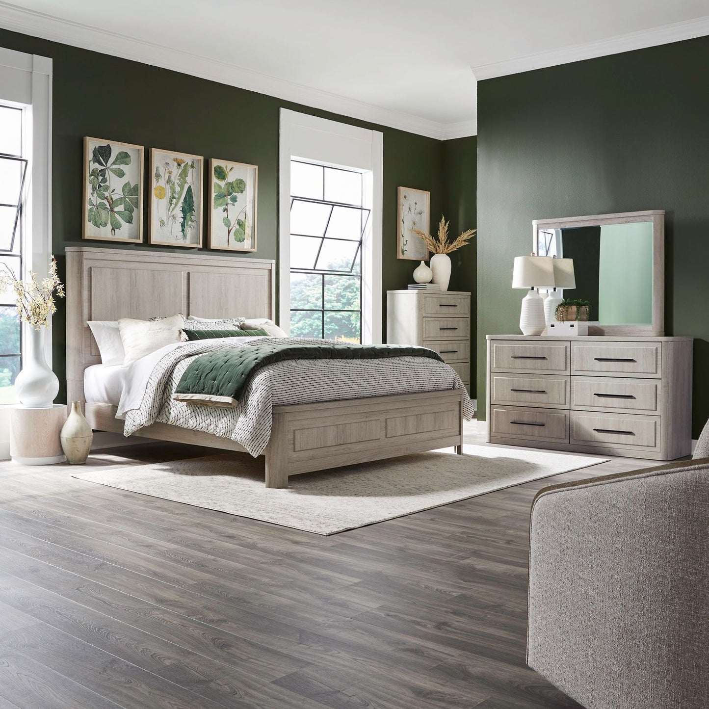 King Panel Bed, Dresser & Mirror, Chest