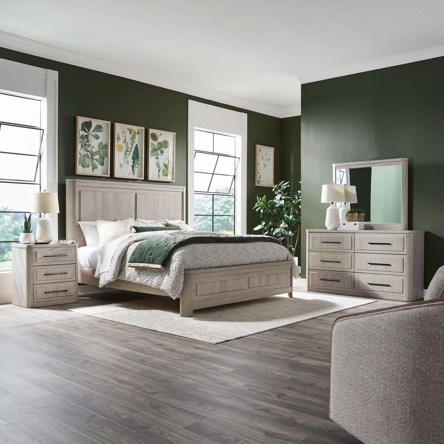 King Panel Bed, Dresser & Mirror, Night Stand