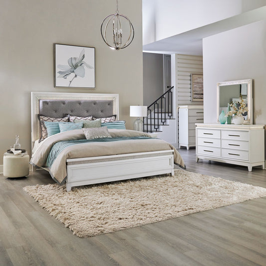 King Uph Bed, Dresser & Mirror, Chest
