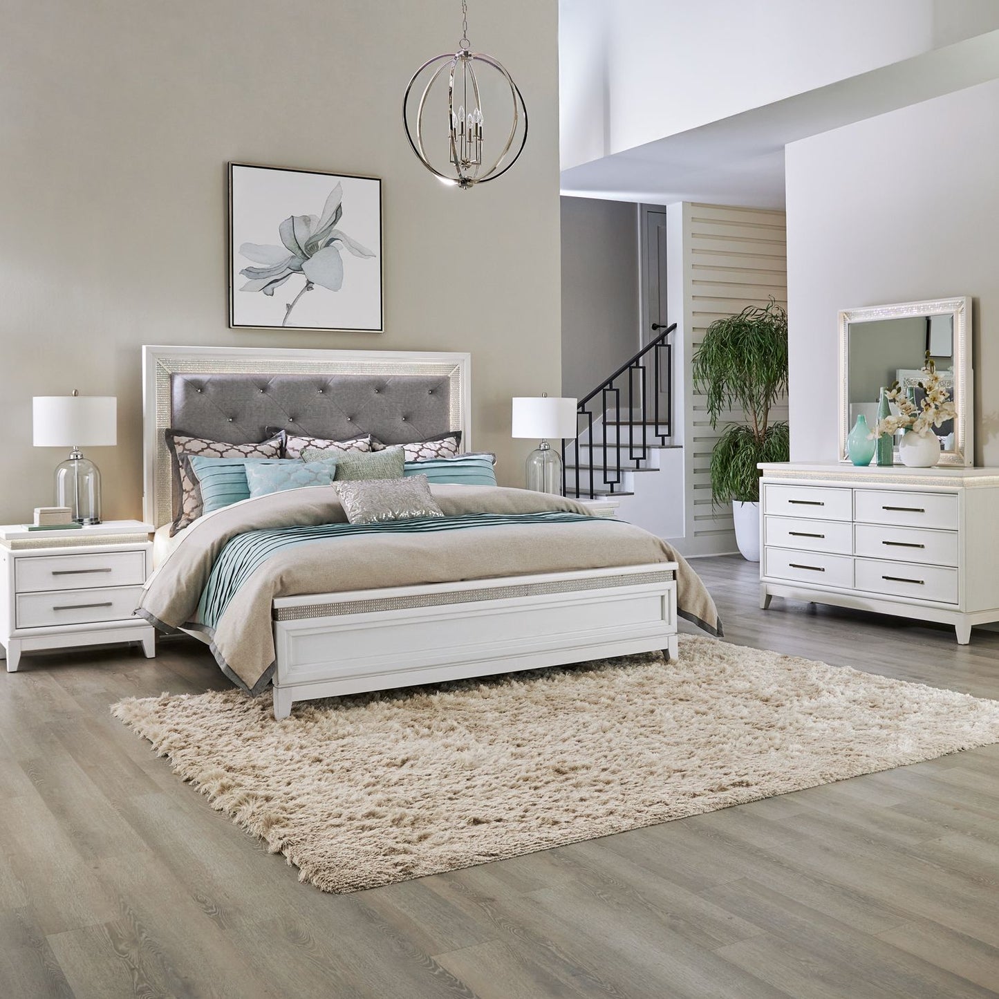 King Uph Bed, Dresser & Mirror, Night Stand