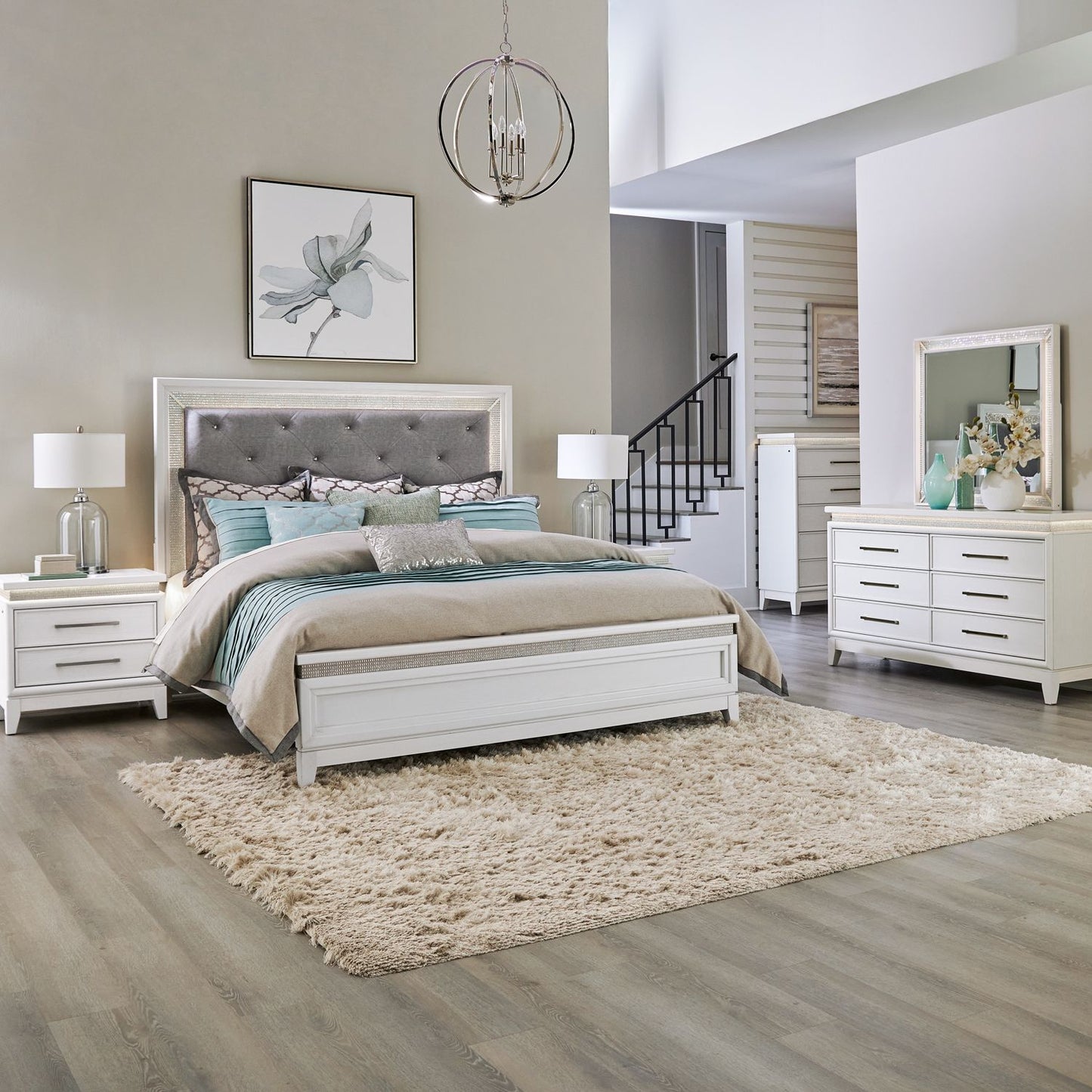 King Uph Bed, Dresser & Mirror, Chest, Night Stand
