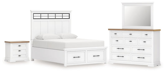 Ashbryn King Panel Storage Bed with Mirrored Dresser and Nightstand
