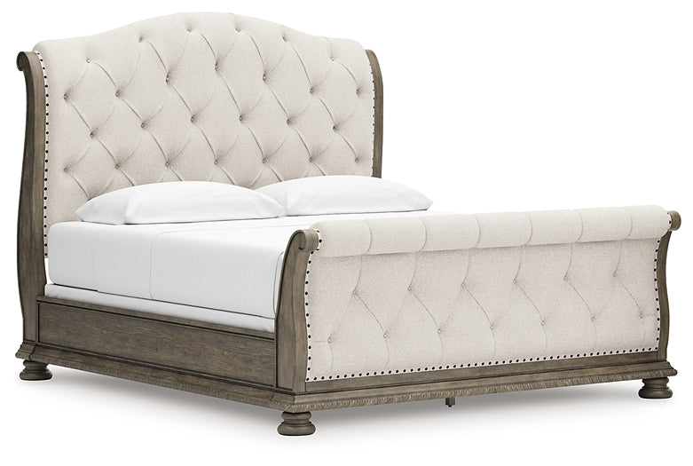 Ardenfield California King Upholstered Sleigh Bed with Mirrored Dresser, Chest and Nightstand