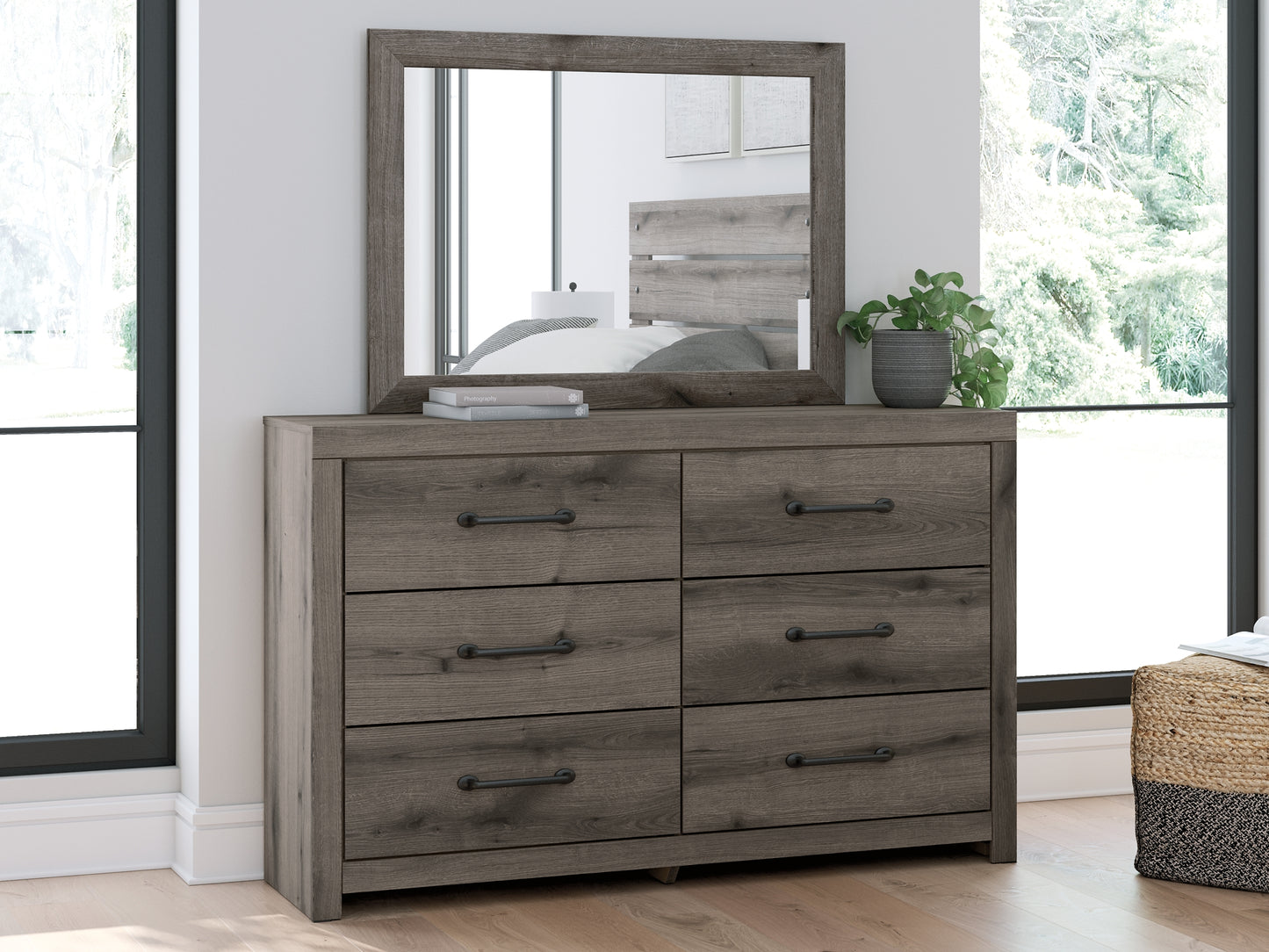 Graystorm Full Panel Bed with Mirrored Dresser