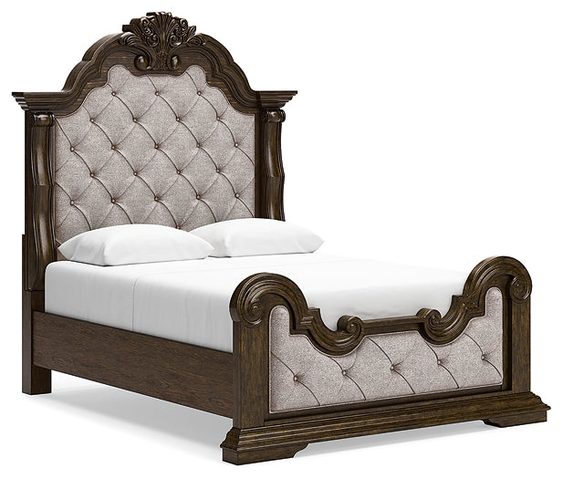 Maylee Queen Upholstered Bed with Mirrored Dresser, Chest and Nightstand