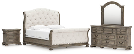 Ardenfield California King Upholstered Sleigh Bed with Mirrored Dresser and Nightstand