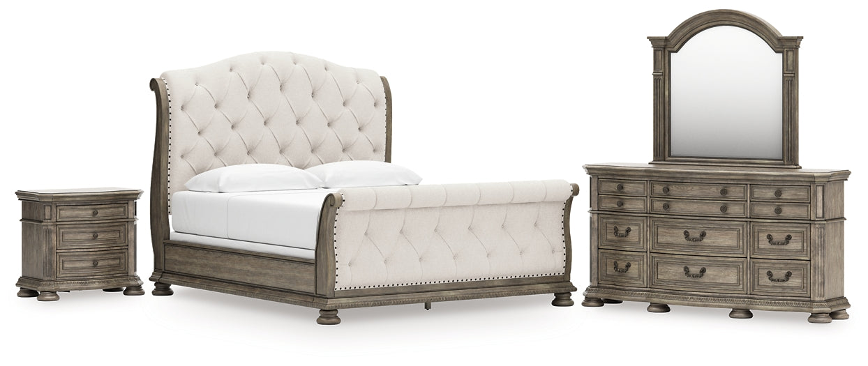 Ardenfield King Upholstered Sleigh Bed with Mirrored Dresser and Nightstand