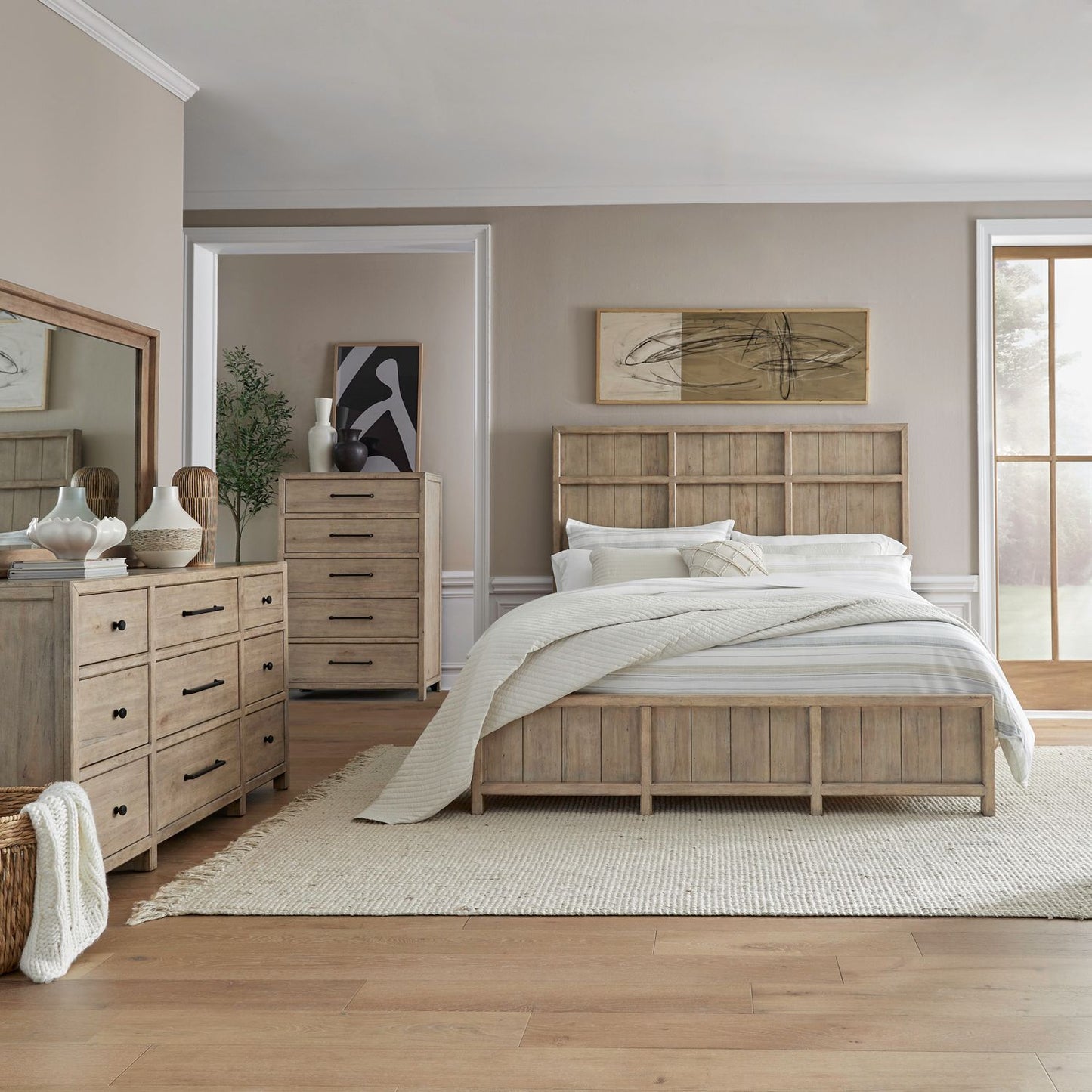 King Panel Bed, Dresser & Mirror, Chest