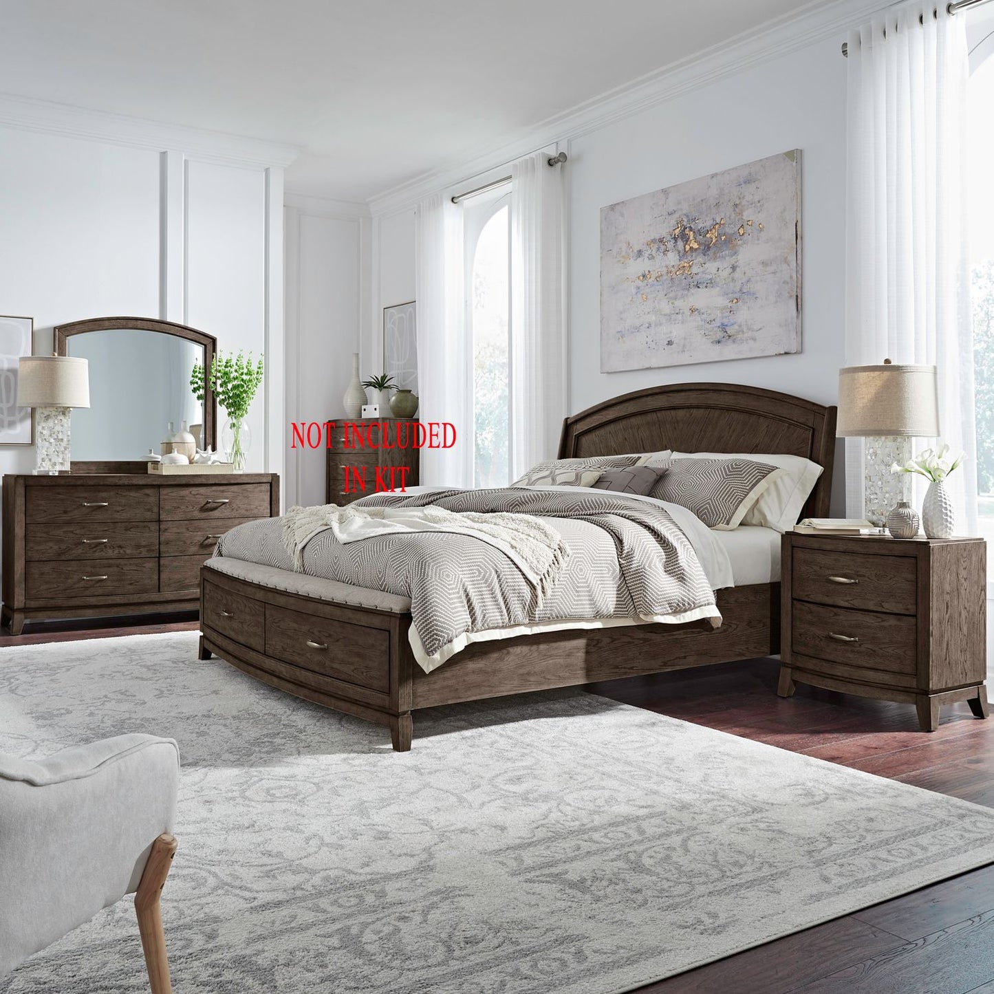 King Panel Storage Bed, Dresser & Mirror, Night Stand