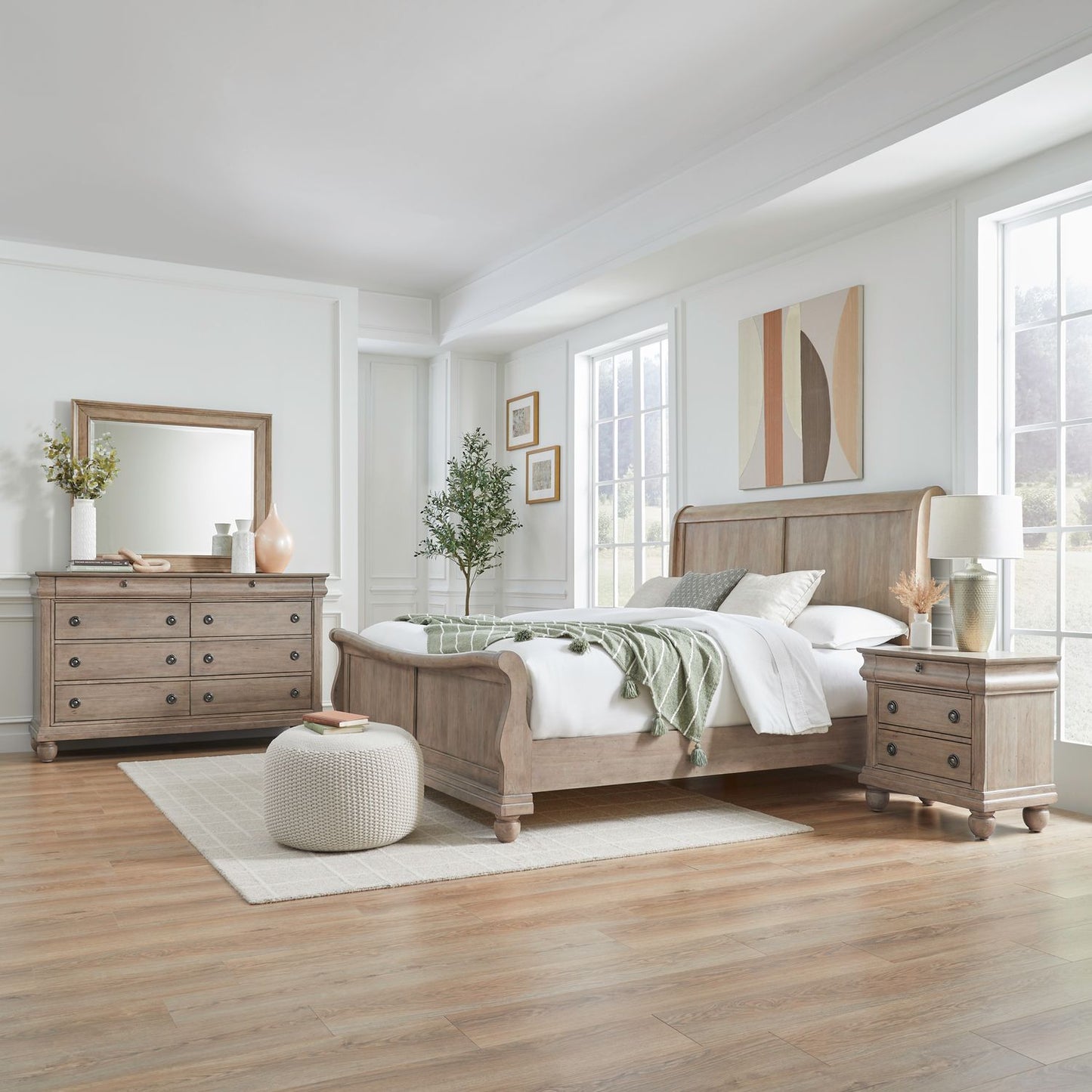 Queen Sleigh Bed, Dresser & Mirror, Night Stand