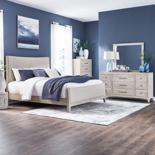 King Uph Bed, Dresser & Mirror, Chest