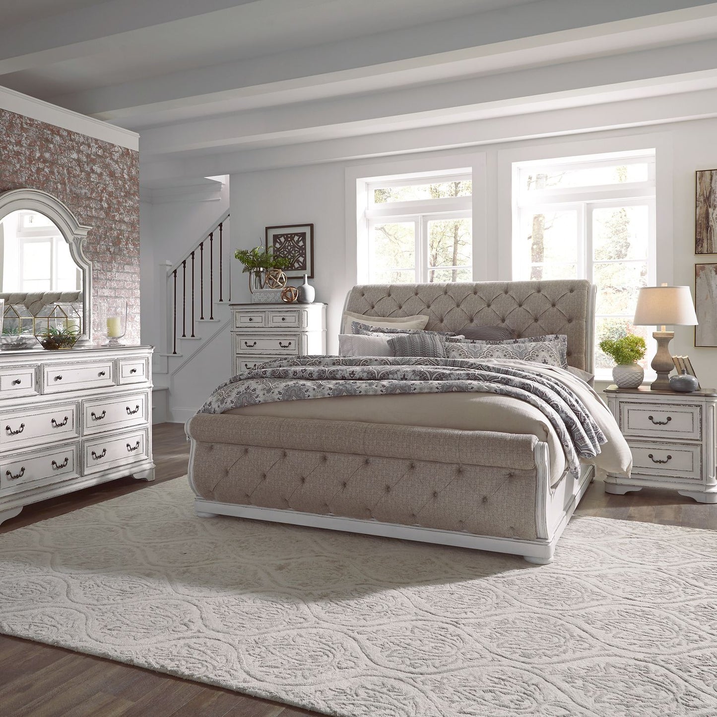 King Uph Sleigh Bed, Dresser & Mirror, Chest, Night Stand