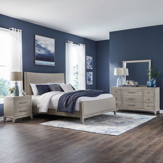 Queen Uph Bed, Dresser & Mirror, Night Stand