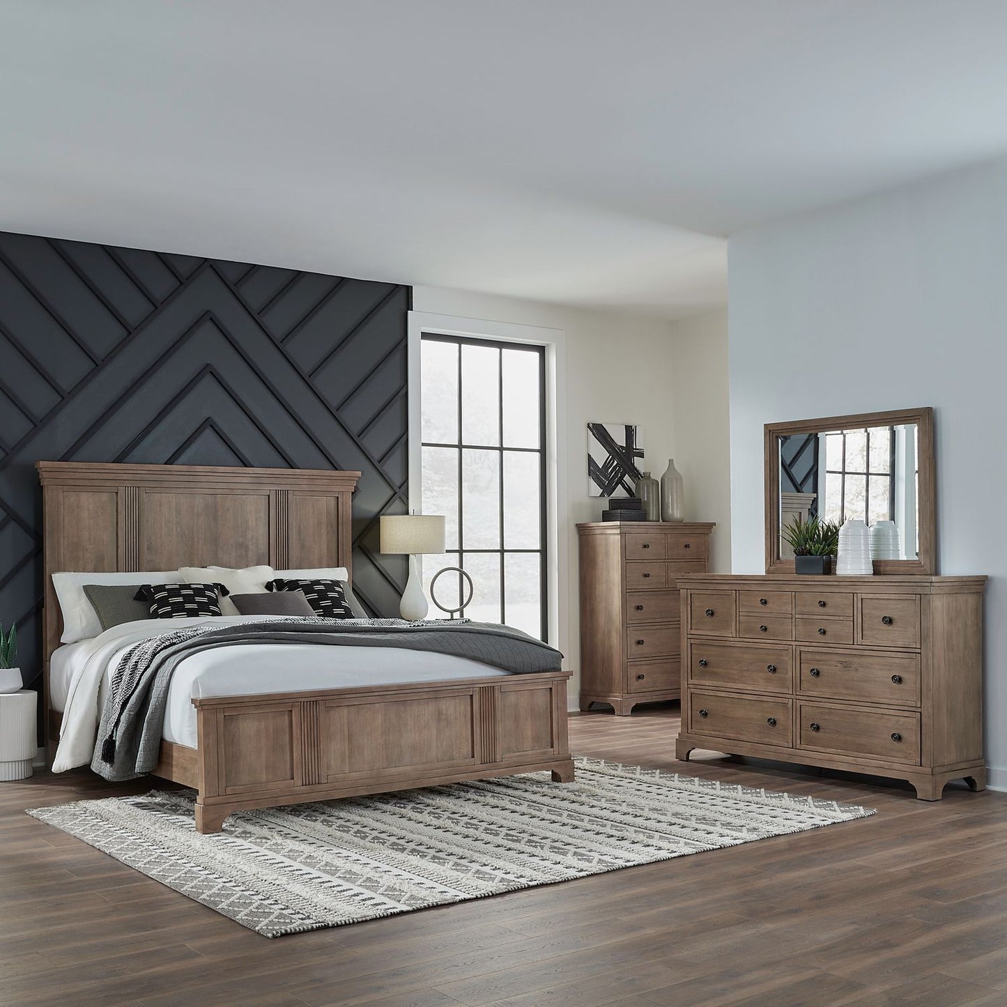 King Panel Bed, Dresser & Mirror, Chest
