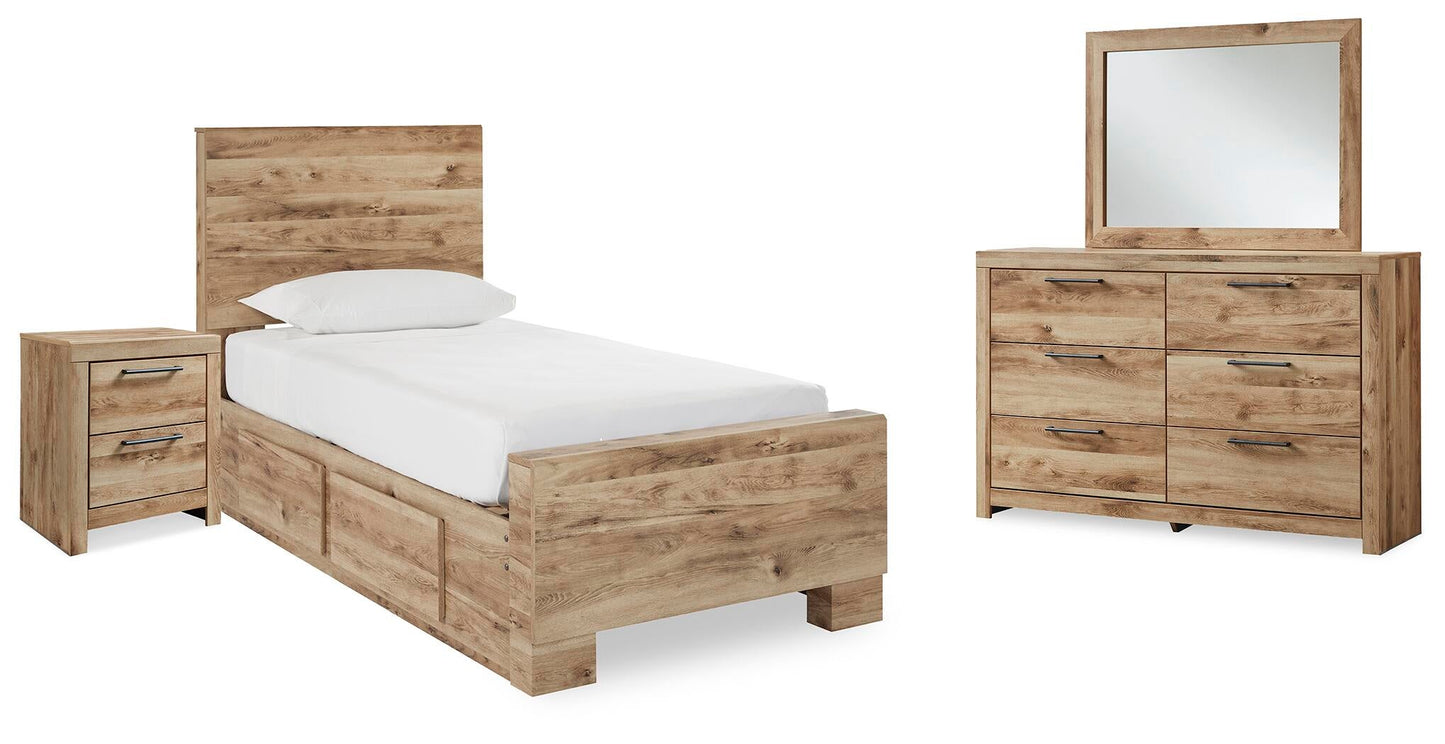 Hyanna Twin Panel Bed with 1 Side Storage, Dresser, Mirror and Nightstand