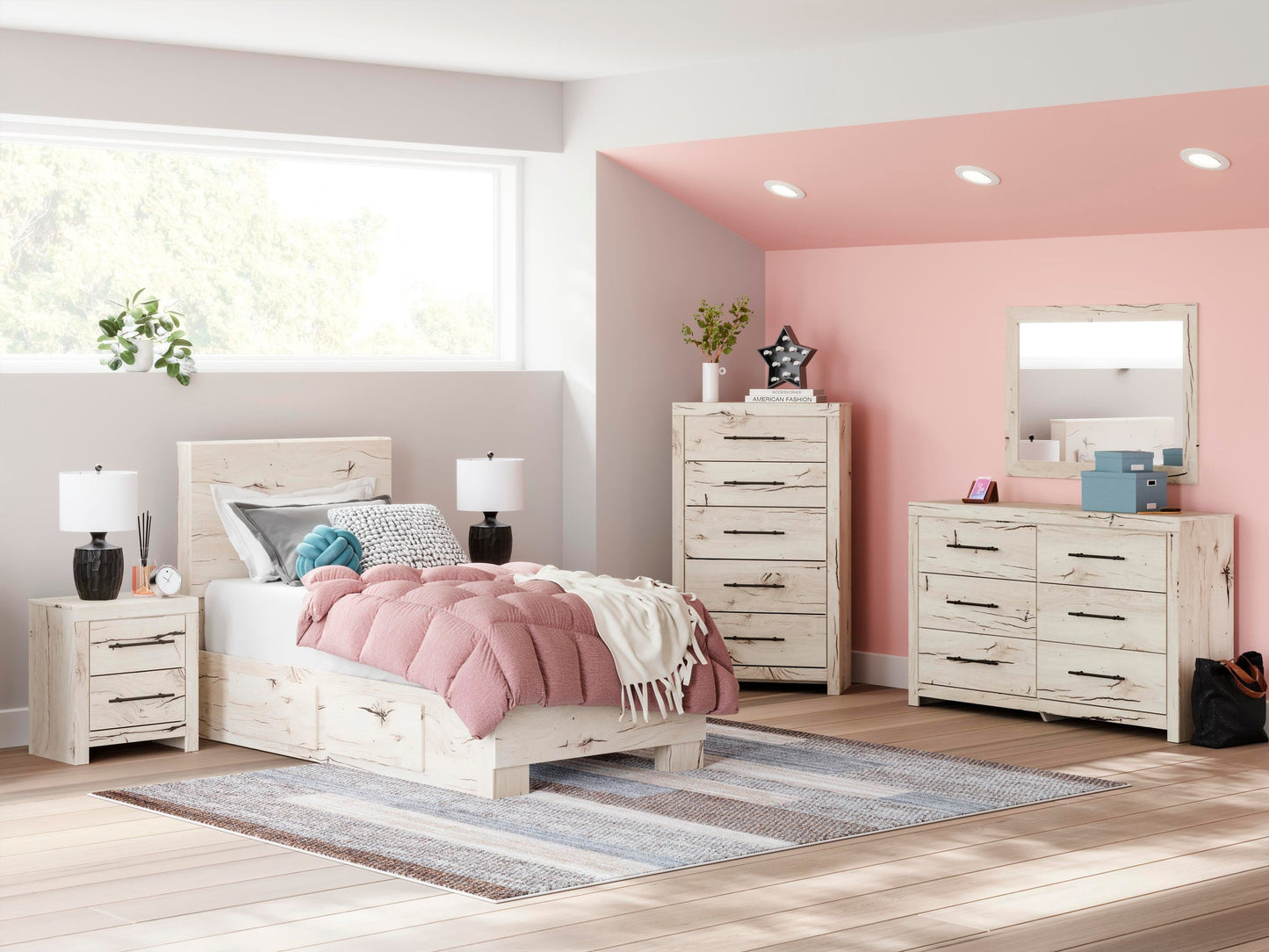 Lawroy Twin Panel Bed with Storage, Dresser and Mirror