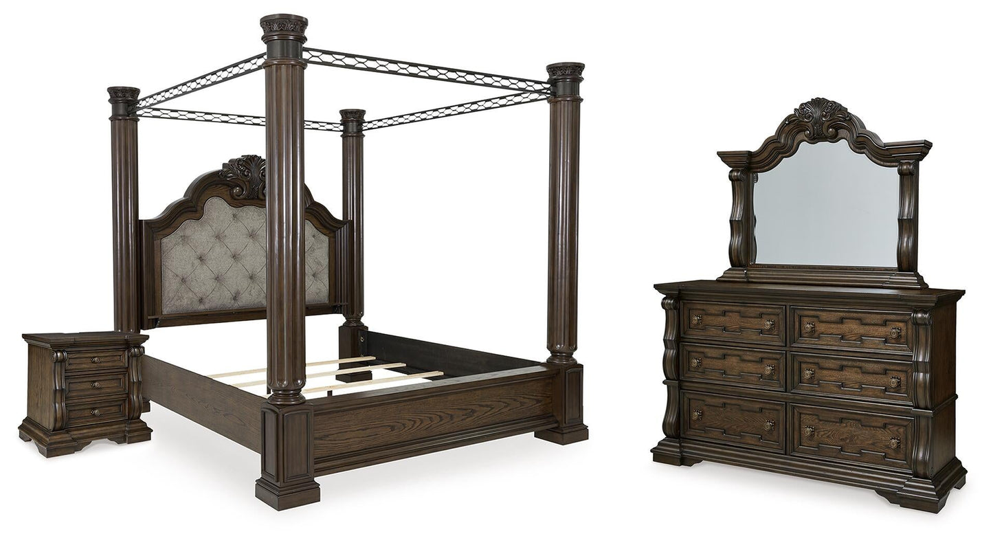 Maylee King Canopy Bed, Dresser, Mirror and Nightstand