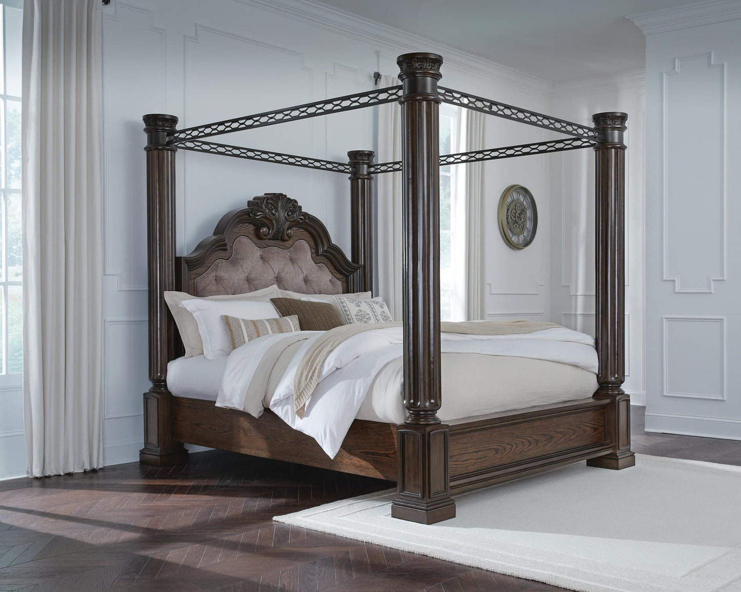 Maylee King Canopy Bed, Dresser, Mirror and Nightstand