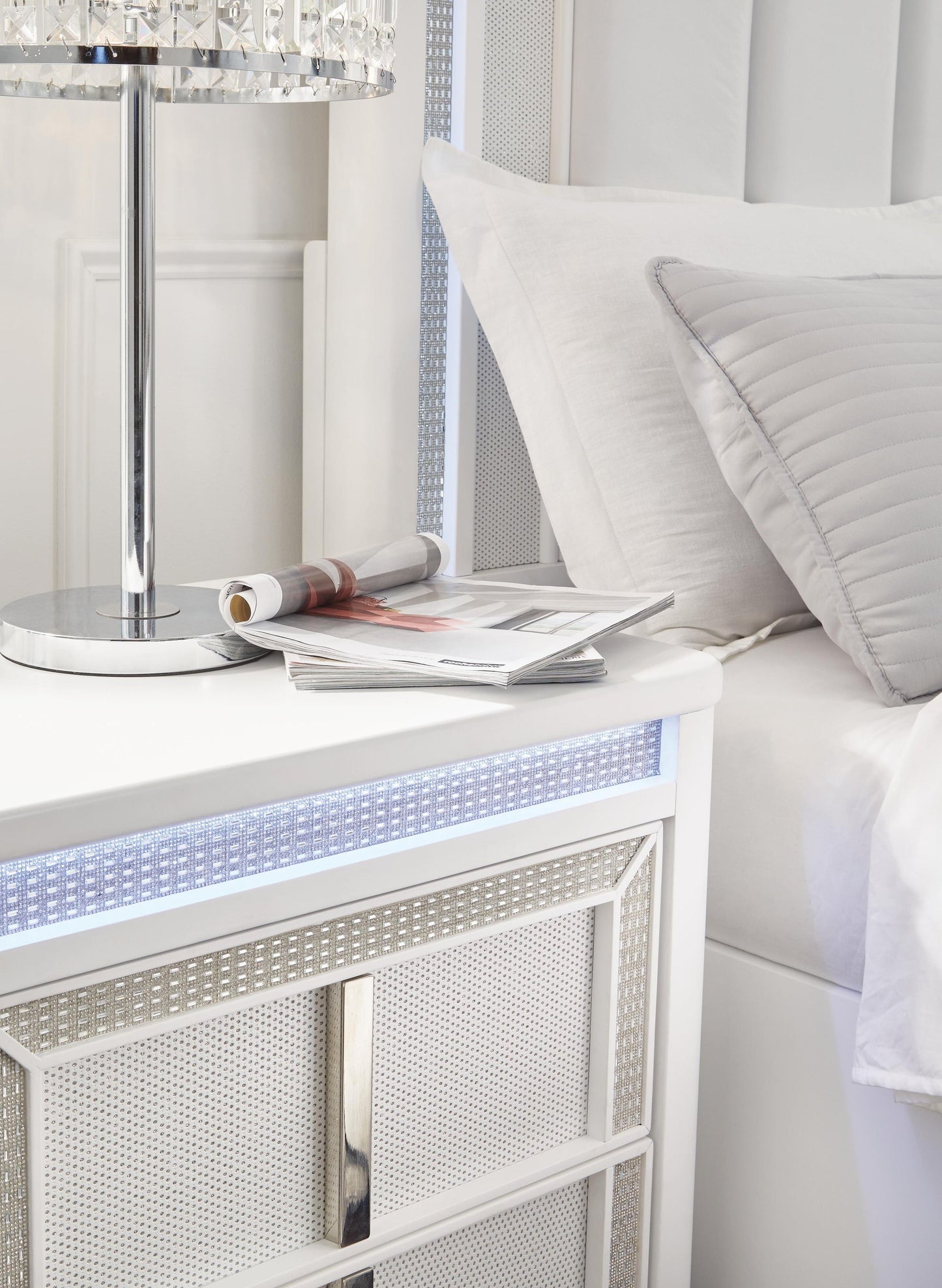 Chalanna King Upholstered Storage Bed, Dresser, Mirror and Nightstand