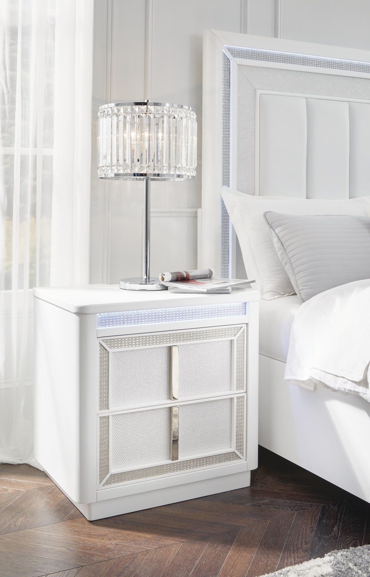 Chalanna King Upholstered Storage Bed, Dresser, Mirror and Nightstand