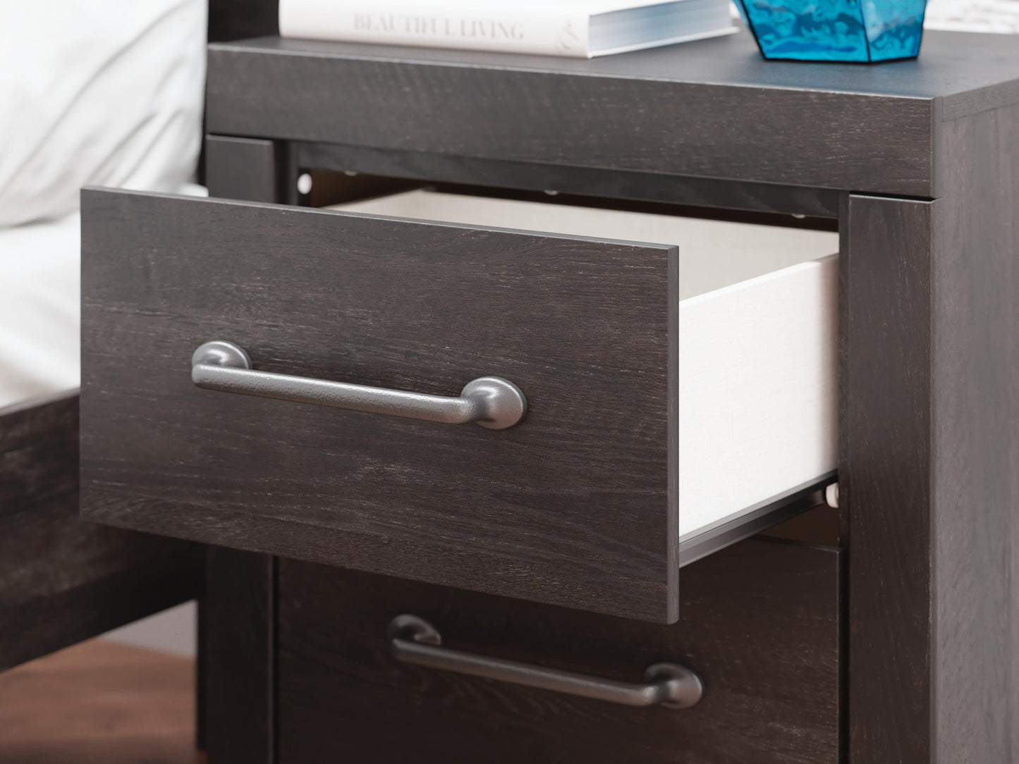 Delmorta Full Panel Bed with Storage, Dresser, Mirror and Nightstand