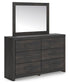 Delmorta Full Panel Bed with Storage, Dresser and Mirror