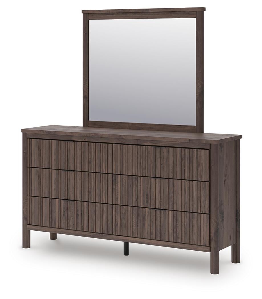 Cadmori Queen Upholstered Panel Platform Bed, Dresser and Mirror