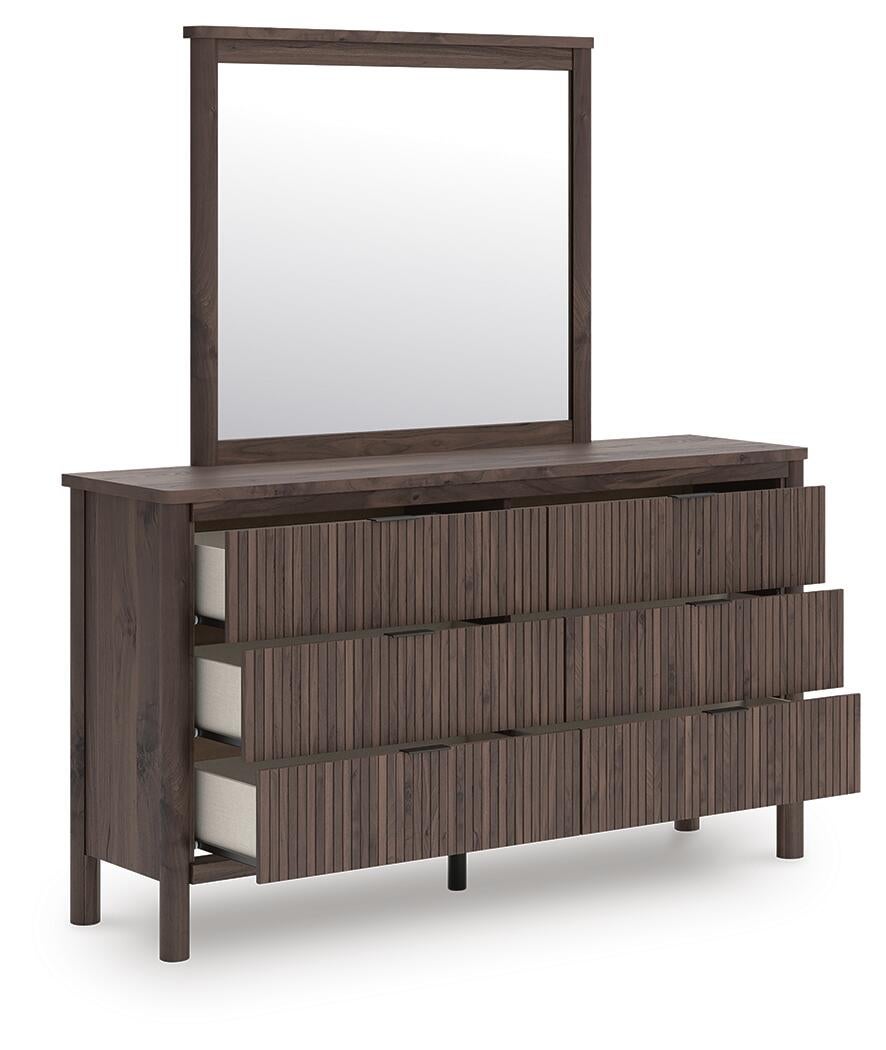 Cadmori King Upholstered Panel Bed, Dresser, Mirror, Chest and Nightstand