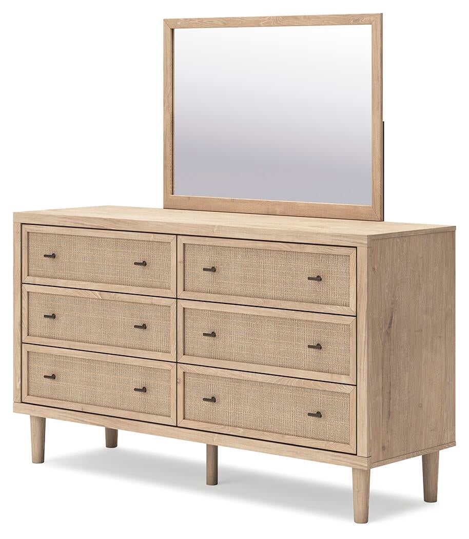 Cielden Full Upholstered Bed with Roll Slats, Dresser and Mirror