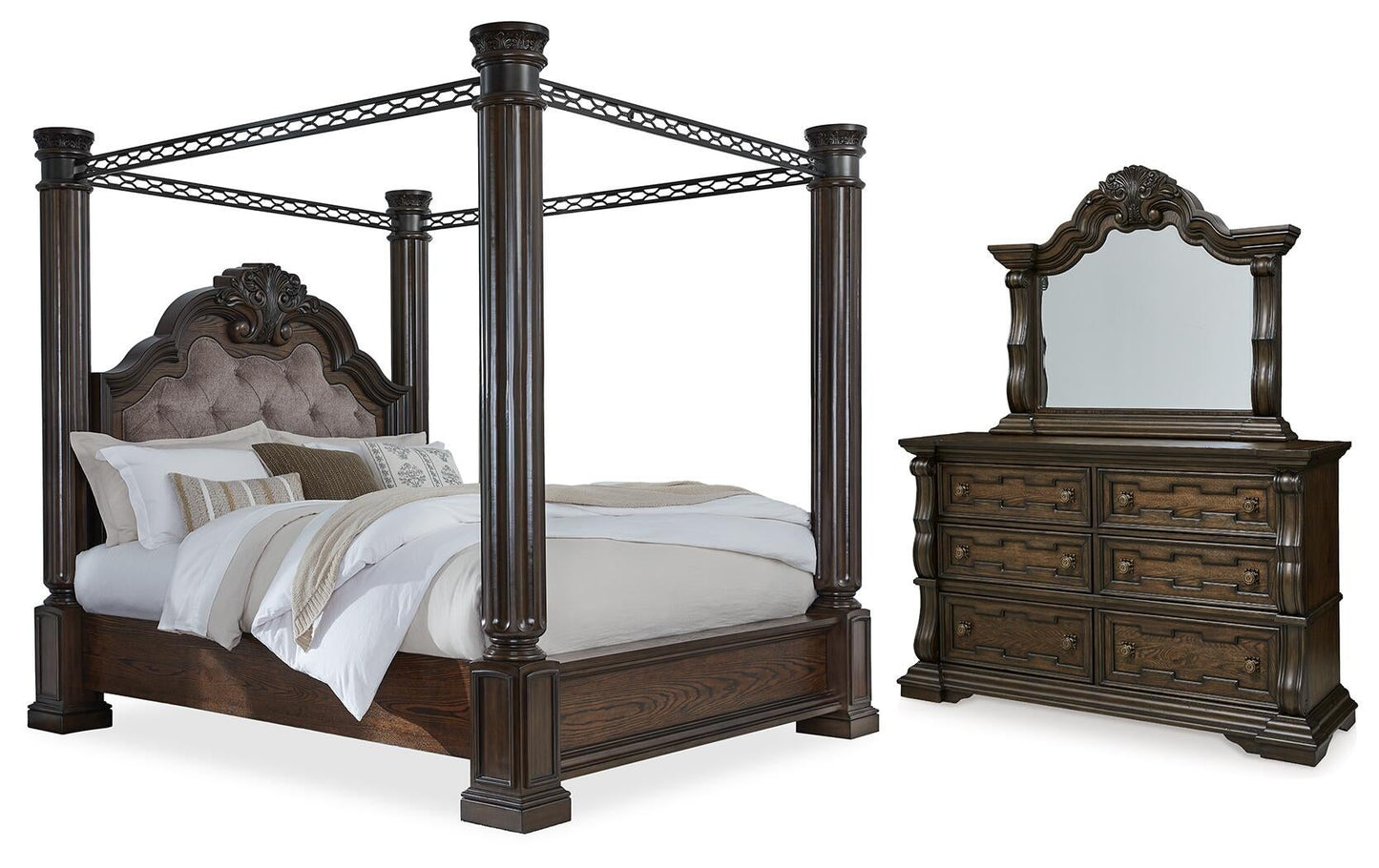 Maylee California King Canopy Bed, Dresser and Mirror