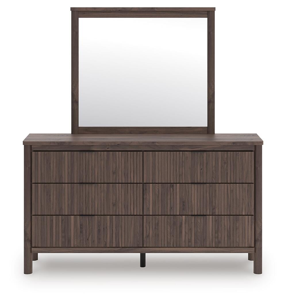 Cadmori Queen Upholstered Panel Bed, Dresser, Mirror and Nightstand